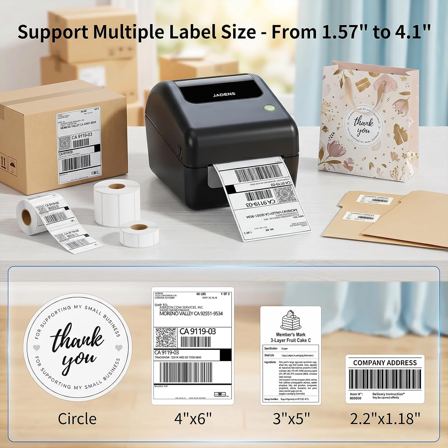 Rolls of thermal labels and 4x6, 3x5 and circular label samples beside the JADENS label printer