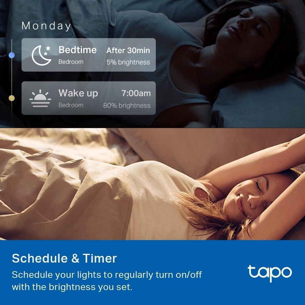 Tapo schedule and timer graphic showing a bedtime dim and a 7am wake-up routine