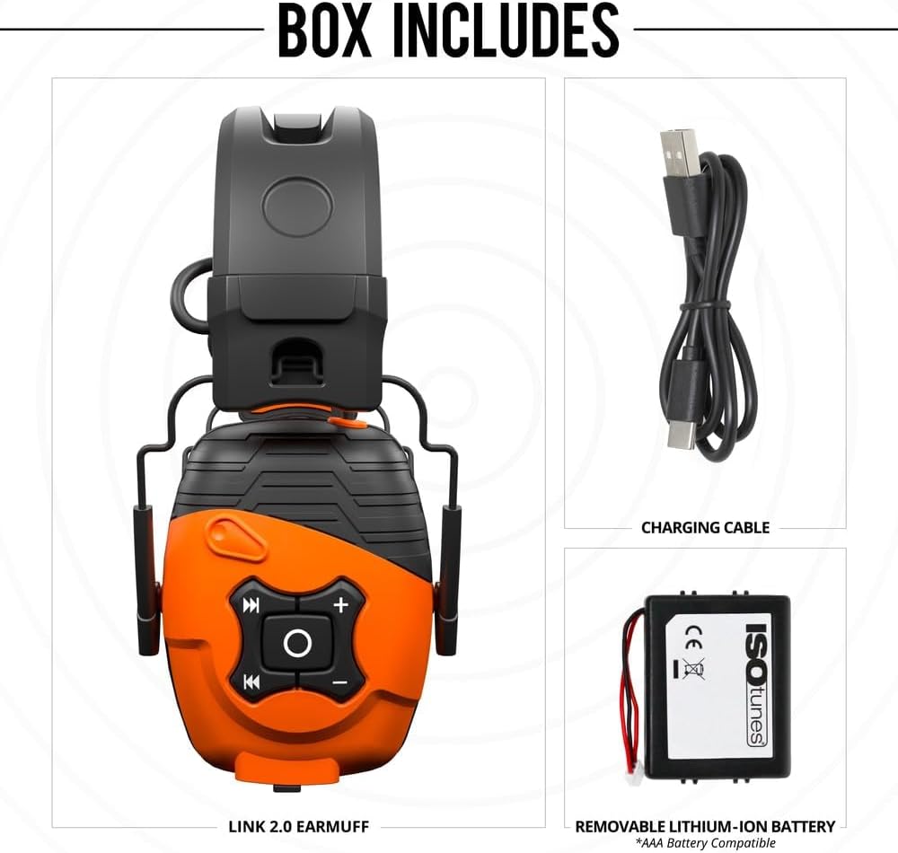 ISOtunes LINK 2.0 box contents showing the earmuff, charging cable and removable lithium-ion battery pack