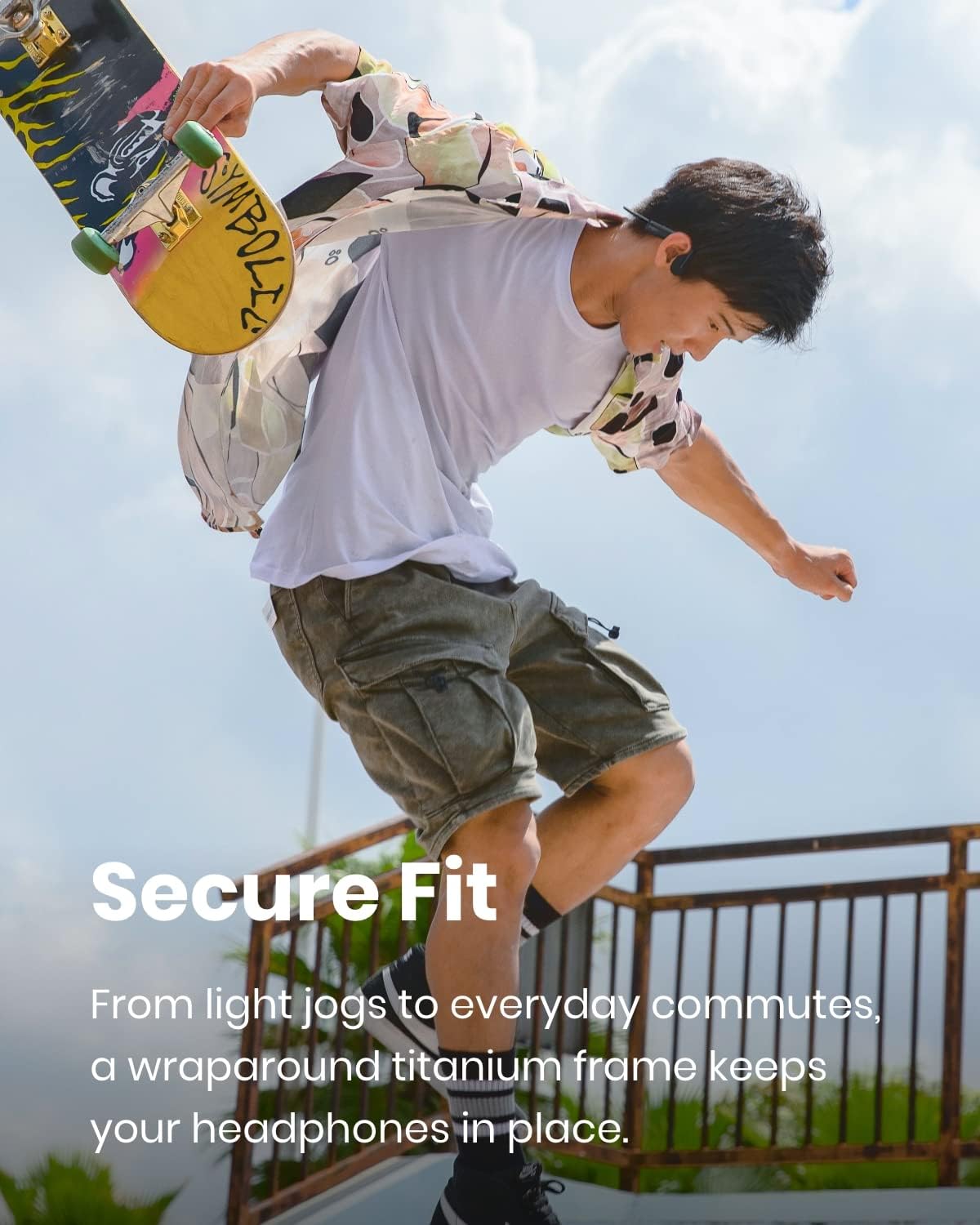 The Shokz OpenMove wraparound titanium frame holding the headphones in place during activity