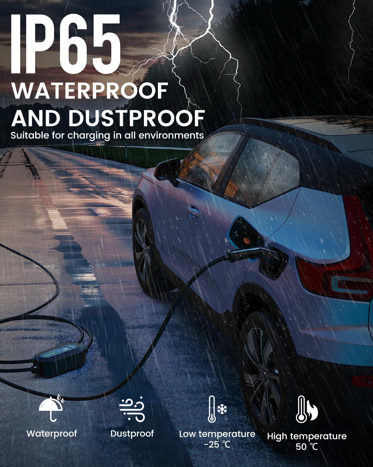 IP65 waterproof and dustproof marketing image showing the charger in heavy rain with a -25C to 50C temperature range