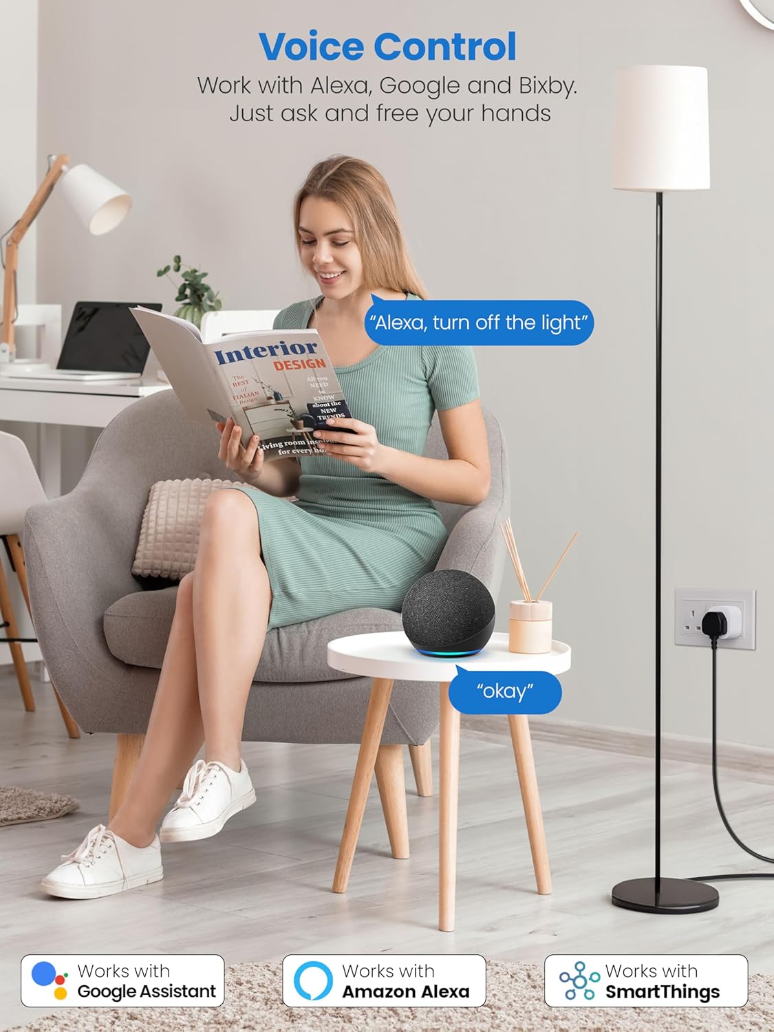 Voice Control panel showing works-with badges for Google Assistant, Amazon Alexa and SmartThings