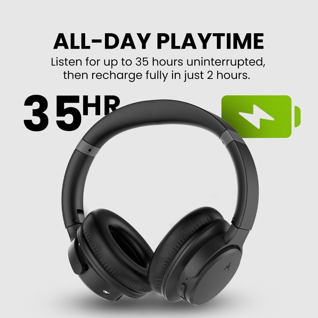 Avantree listing graphic stating up to 35 hours of playtime and a full recharge in two hours
