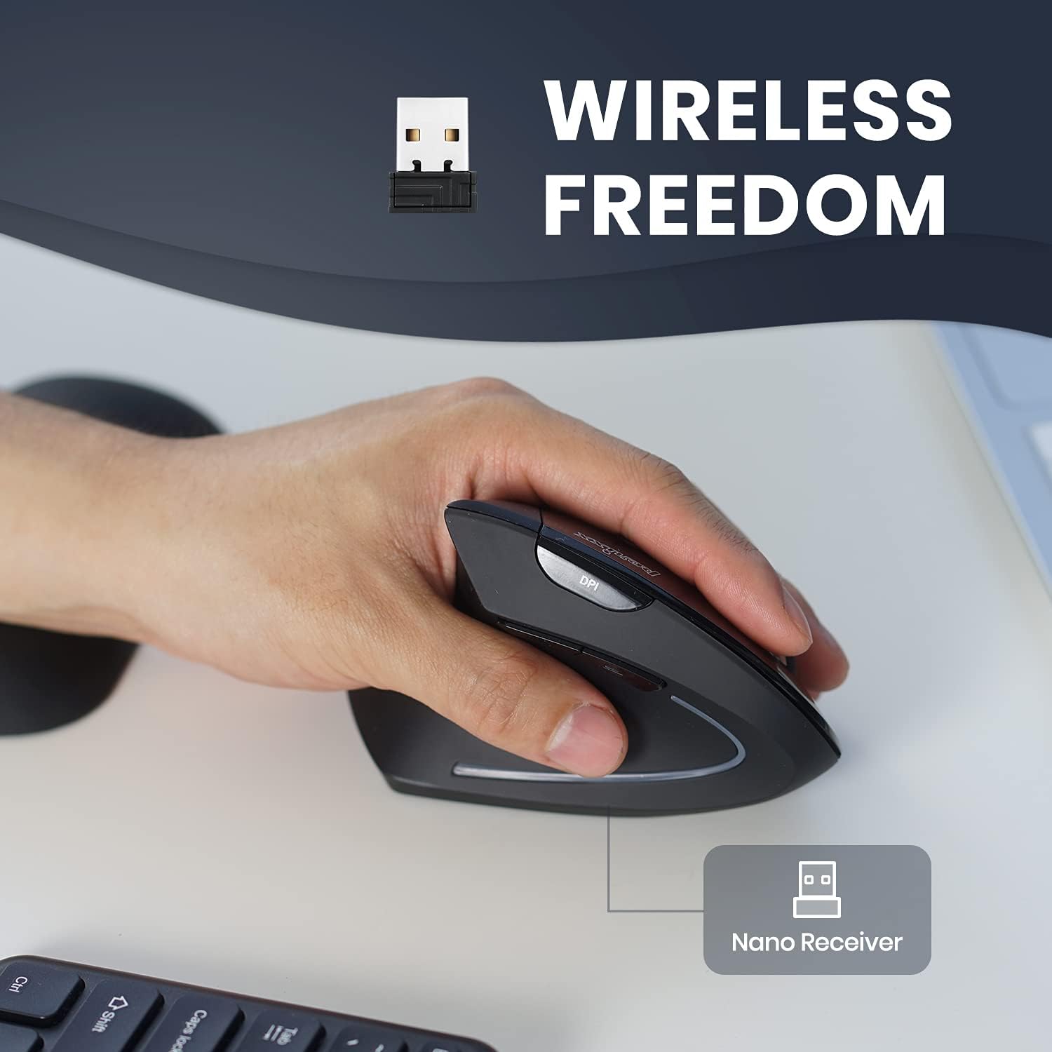 The Perixx left-handed vertical mouse in use at a desk beside a keyboard, with the nano USB receiver highlighted