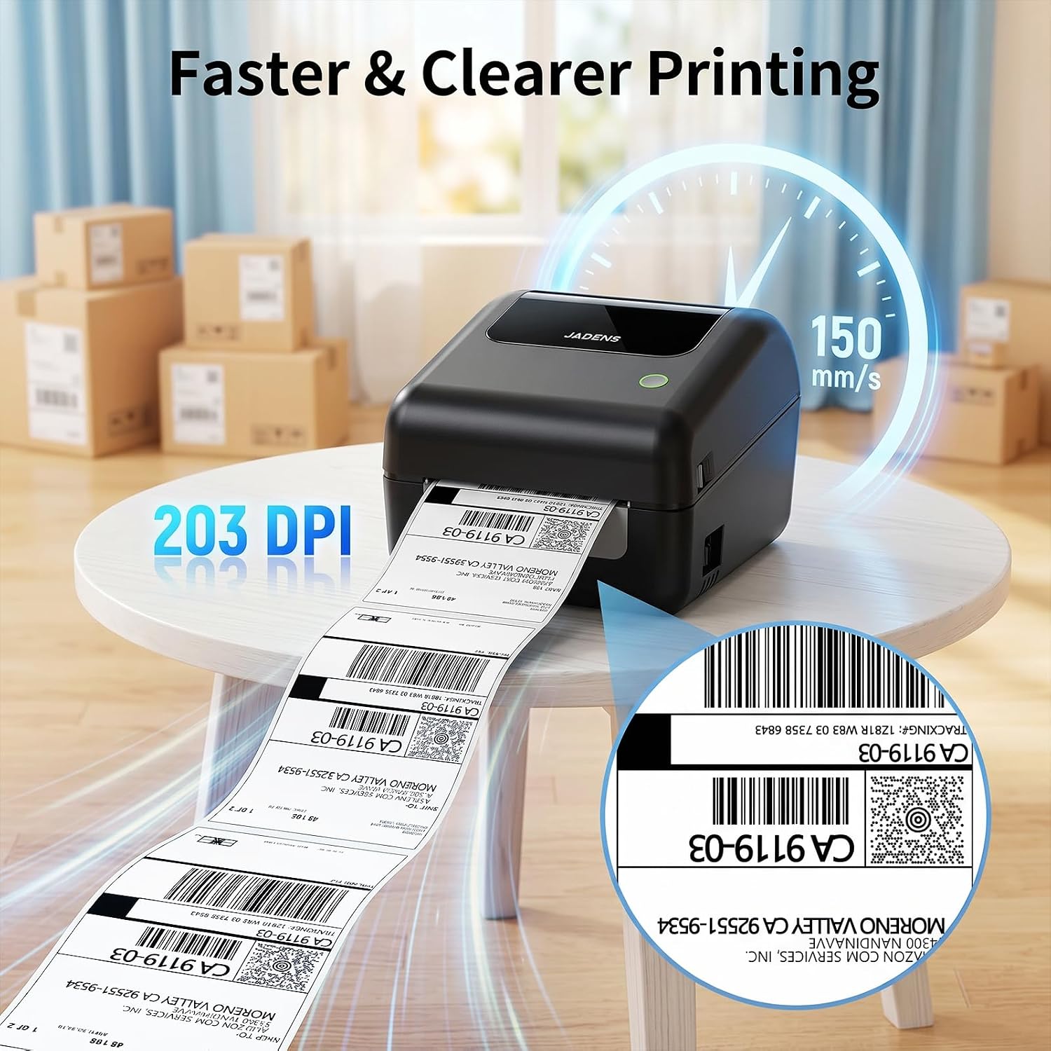 Close-up of a crisp barcode and QR code on a 4x6 label printed by the JADENS thermal printer at 203 dpi