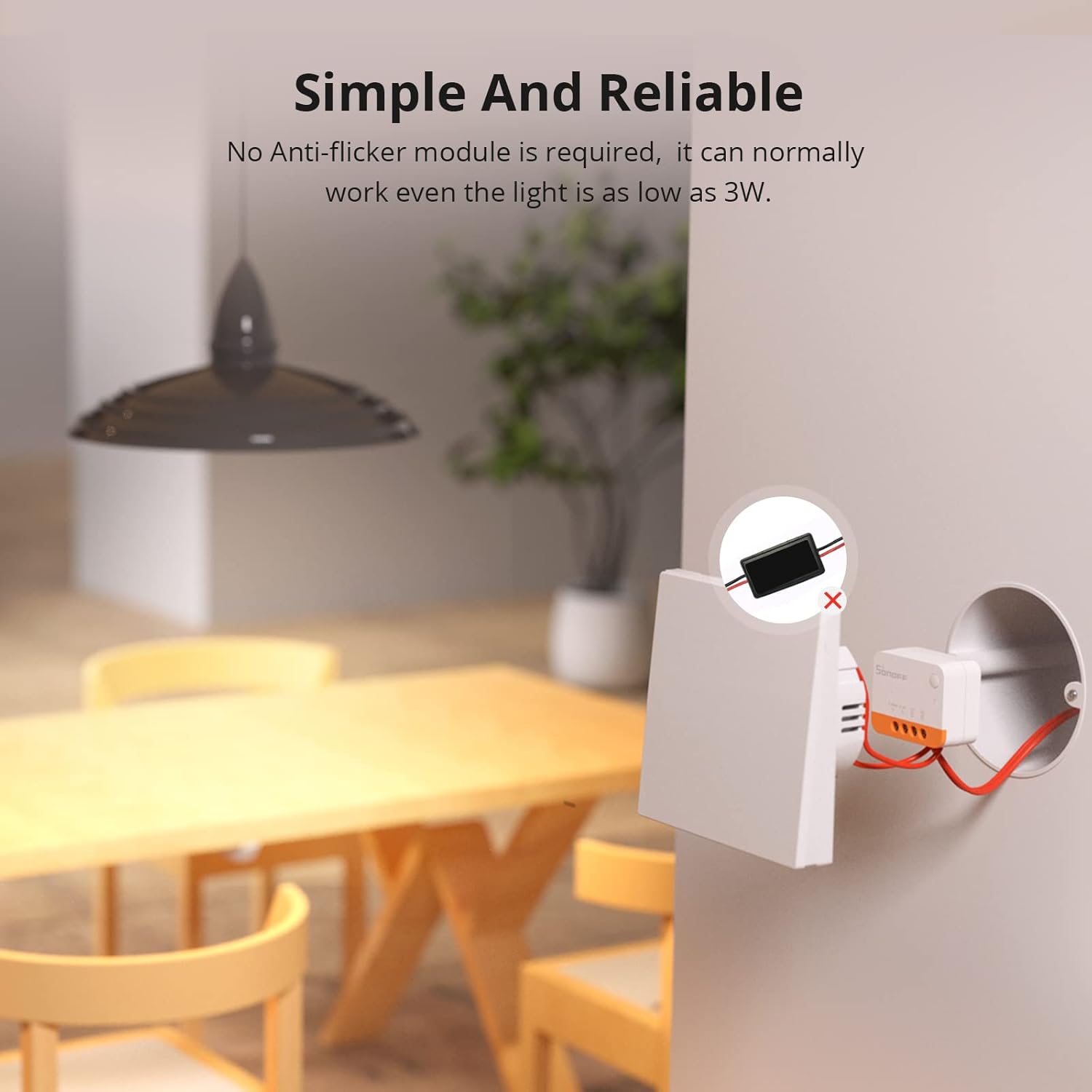 SONOFF ZBMINIL2 Zigbee module shown in context beside a UK light switch faceplate