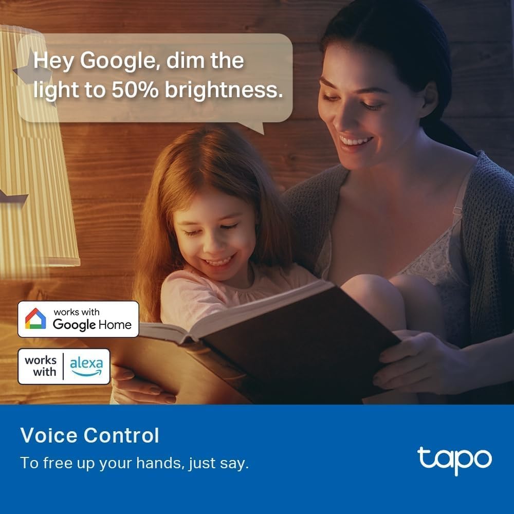 Tapo voice control graphic with Works with Google Home and Works with Alexa badges