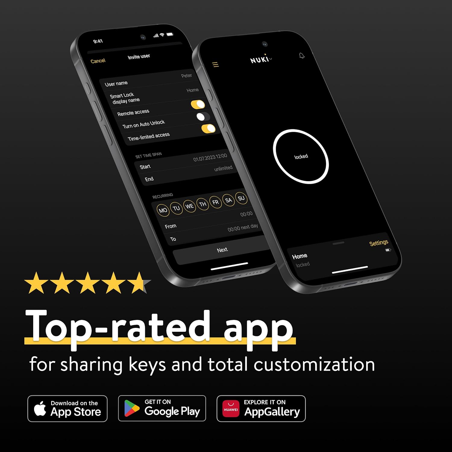 Nuki app screens showing auto unlock, remote access and time limited key sharing