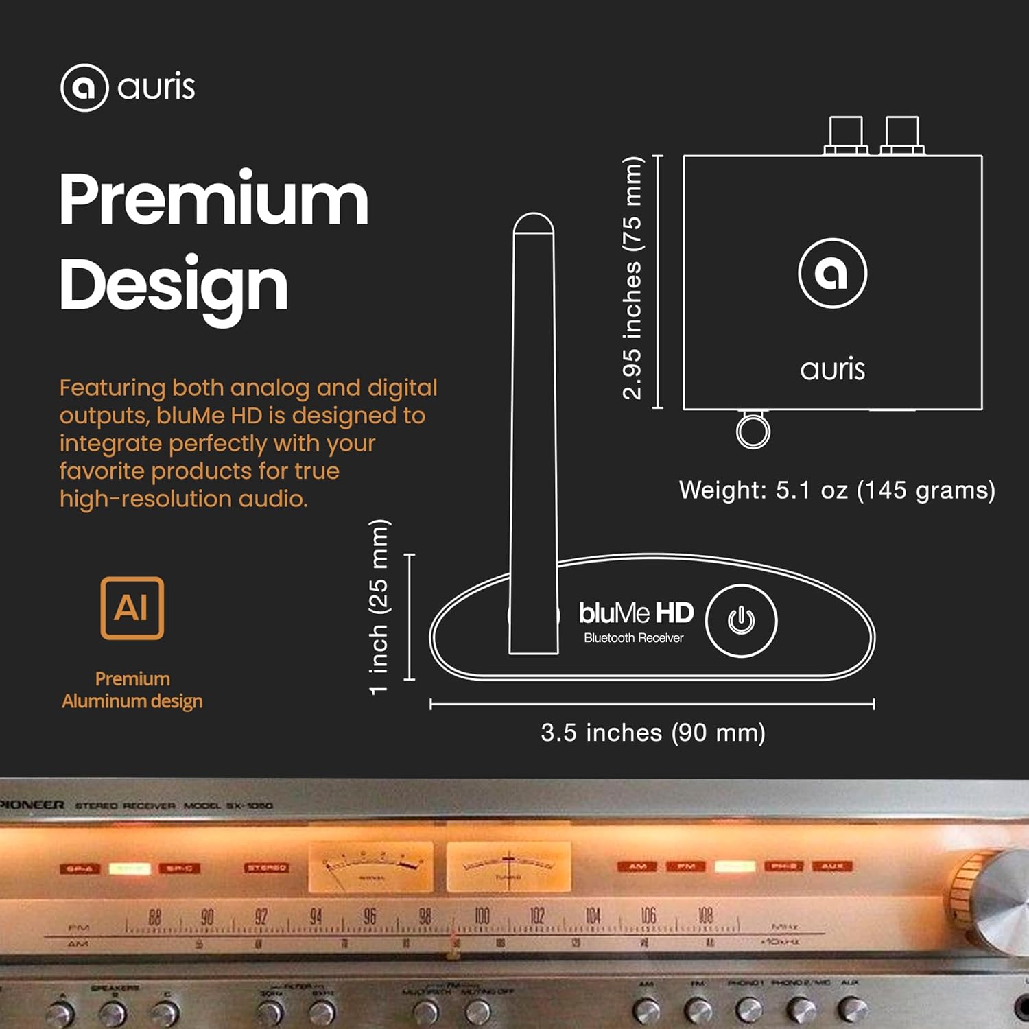 Auris BluMe HD Bluetooth receiver sitting beside a hi-fi separates stack