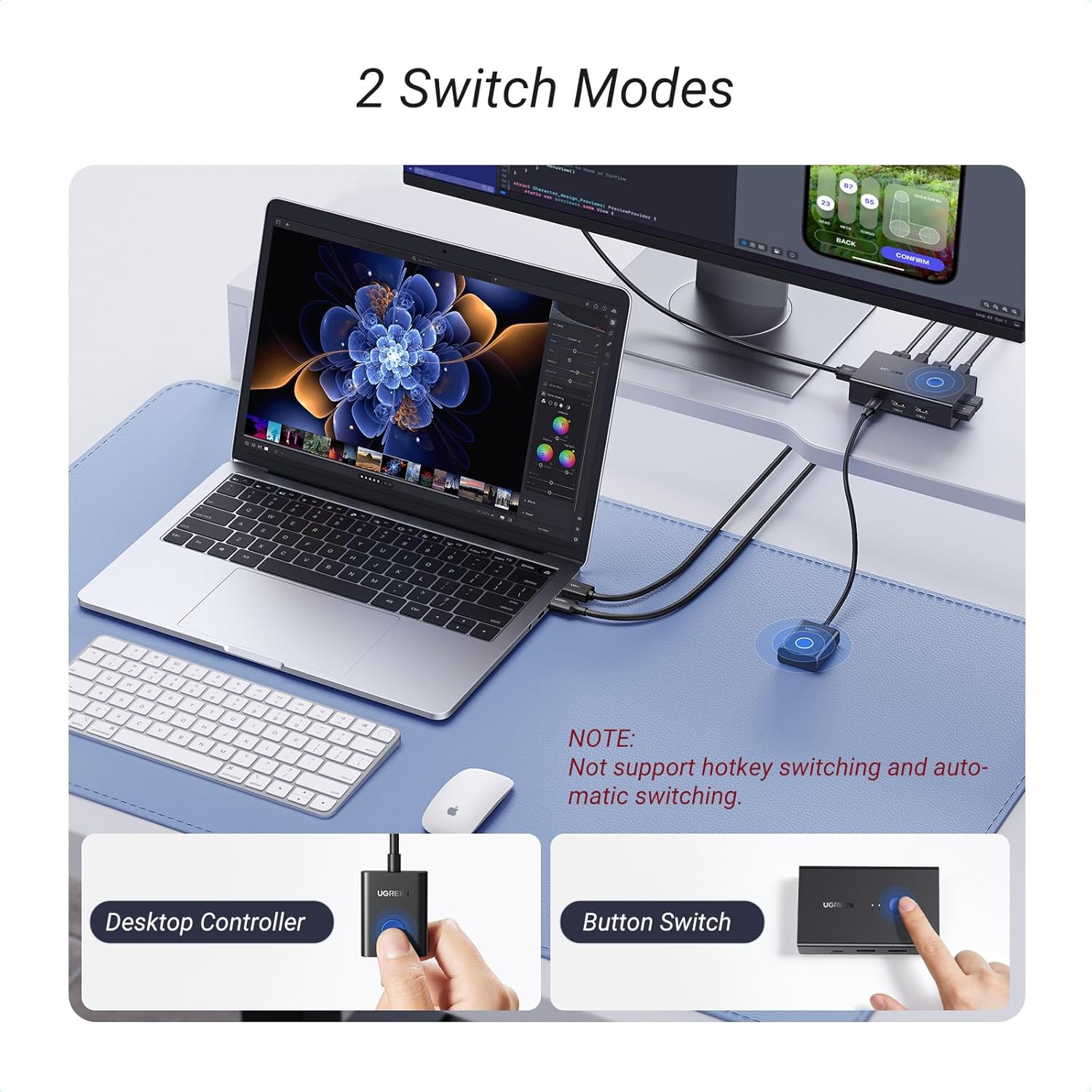The UGREEN KVM switch's two switching modes: the button on the unit and the wired desktop controller