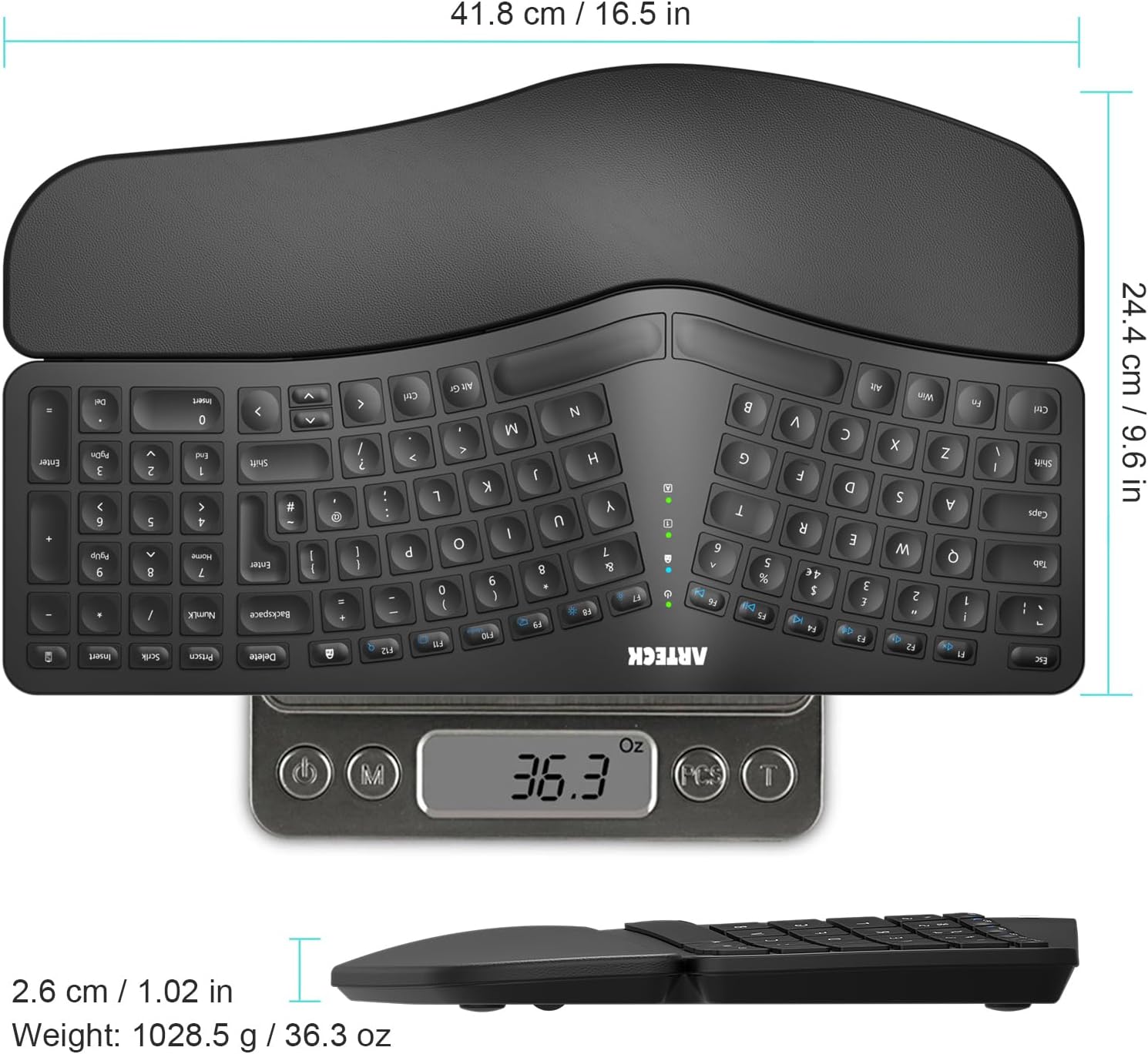 Arteck keyboard measured in a listing photo at 41.8cm wide, 24.4cm deep and 2.6cm tall, sitting on a digital scale reading 36.3oz