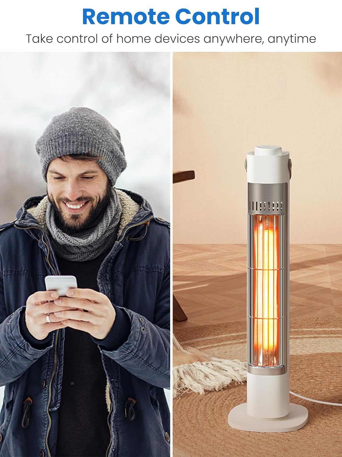 Man outdoors using a phone to control a home heater remotely, illustrating app control rather than the manual button