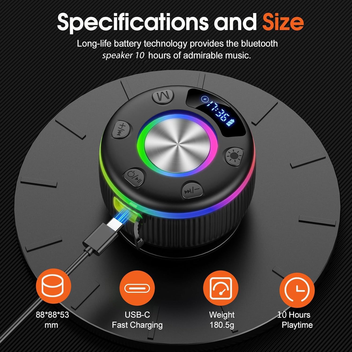 Listing specification panel for the Q90 stating 88 by 88 by 53 mm, USB-C fast charging, 180.5 g and 10 hours playtime, with a cable plugged into the side port
