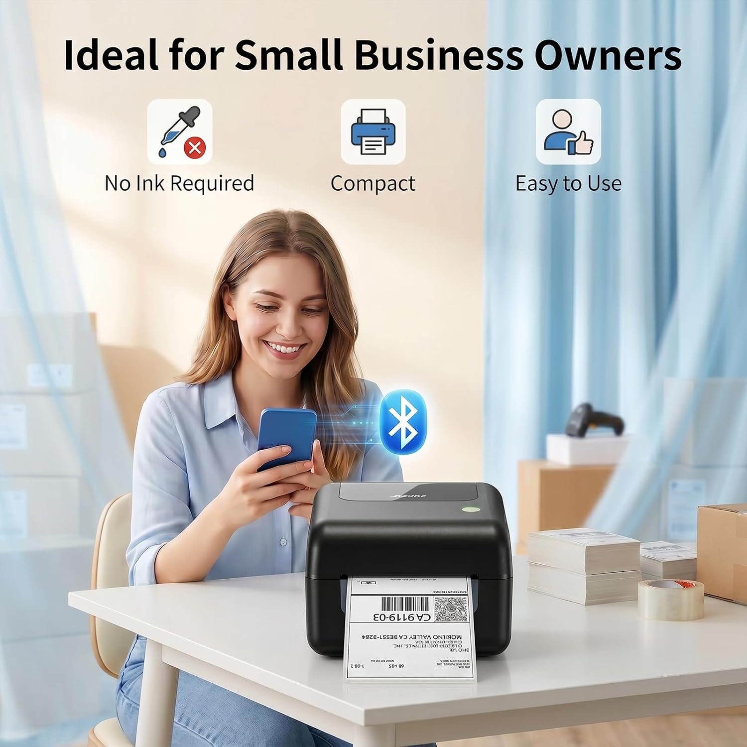 Seller printing a shipping label from a phone over Bluetooth on a JADENS thermal label printer at a home desk