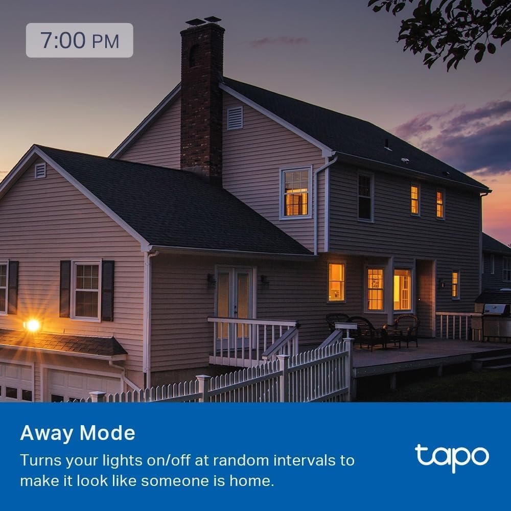Tapo away mode graphic showing a house at dusk with lights turning on at random intervals