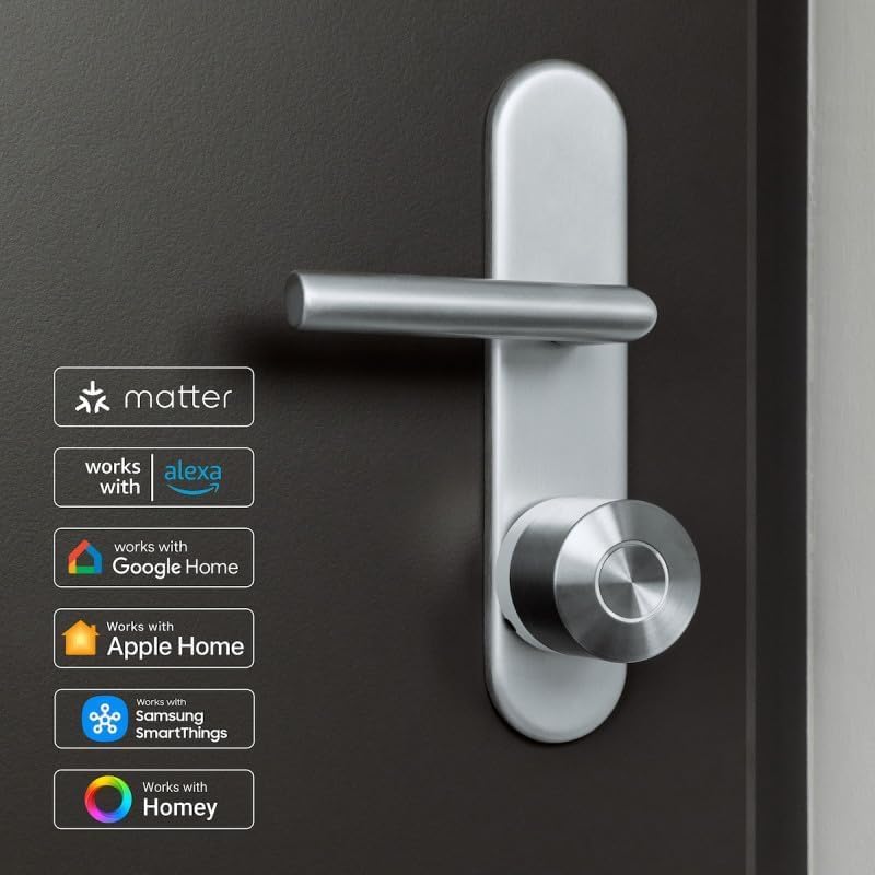 Nuki Smart Lock Pro on a door beside Matter, Alexa, Google Home, Apple Home and SmartThings badges