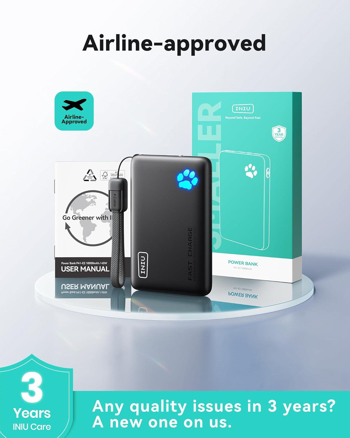 INIU power bank with its retail box, user manual and an airline-approved badge, alongside the three-year INIU Care guarantee