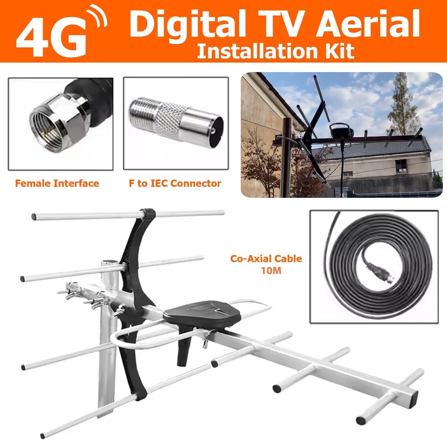 The ATEK Yagi aerial mounted on a pole outdoors against a house and sky, showing the outdoor-grade build a loft install borrows