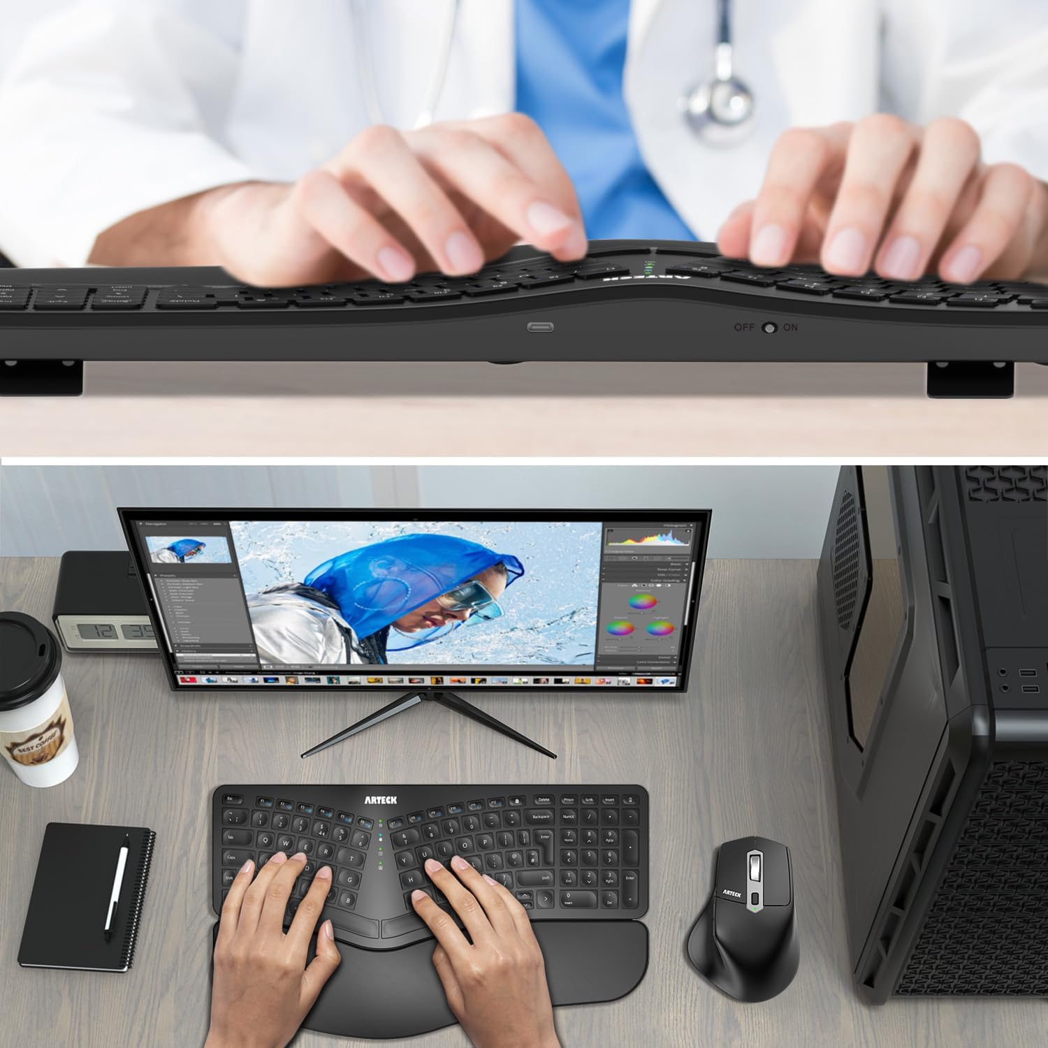 Arteck split keyboard on a desk beside a monitor and mouse, with a rear-edge view showing the USB-C charging port and the physical off and on switch
