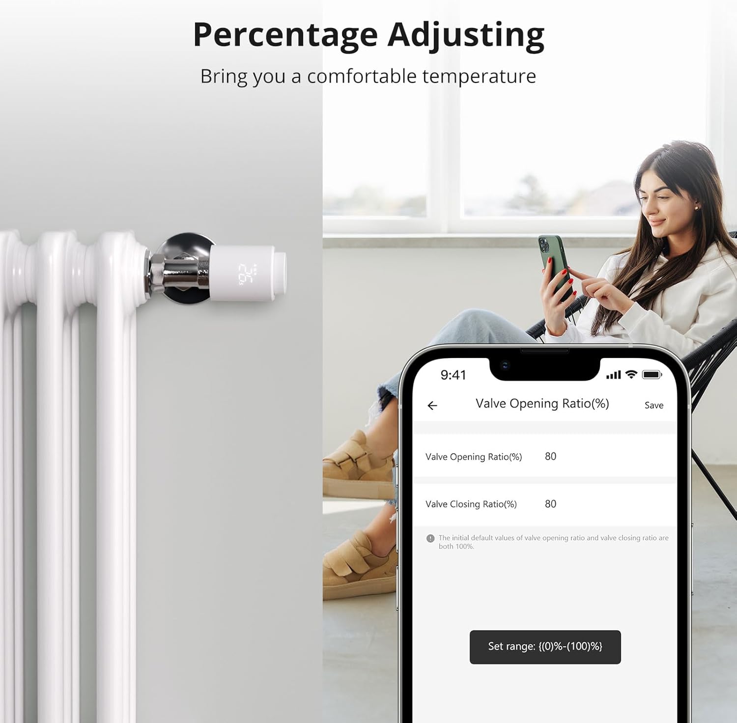 SONOFF TRVZB fitted to a column radiator beside the app's valve opening ratio setting