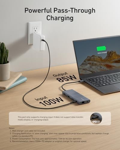 Anker pass-through charging diagram showing 100W input and 85W output with a laptop charging from a wall socket