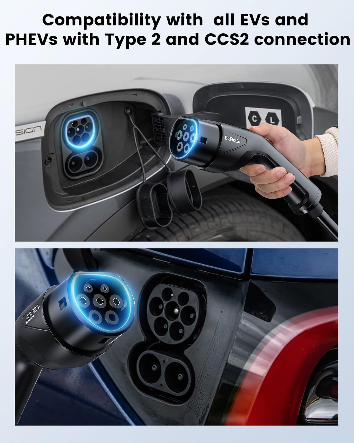 EzGoGo Type 2 connector being plugged into the AC section of a CCS2 charging port on an electric car