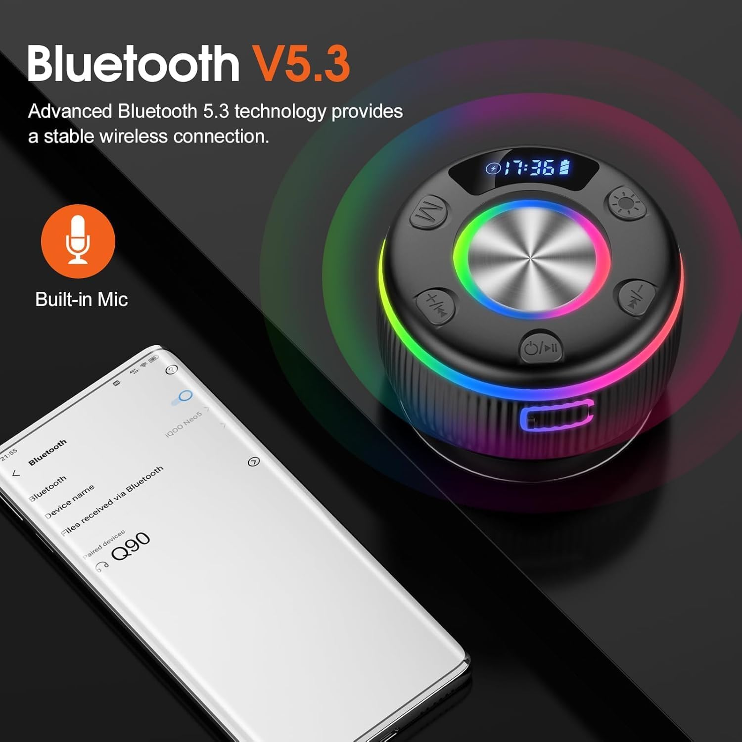 Listing panel for the Q90's Bluetooth 5.3 and built-in microphone, with a phone screen showing Q90 in its paired devices list