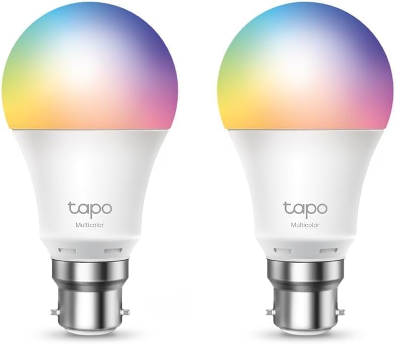 Two Tapo L530B multicolour smart bulbs showing their B22 bayonet caps with push pins