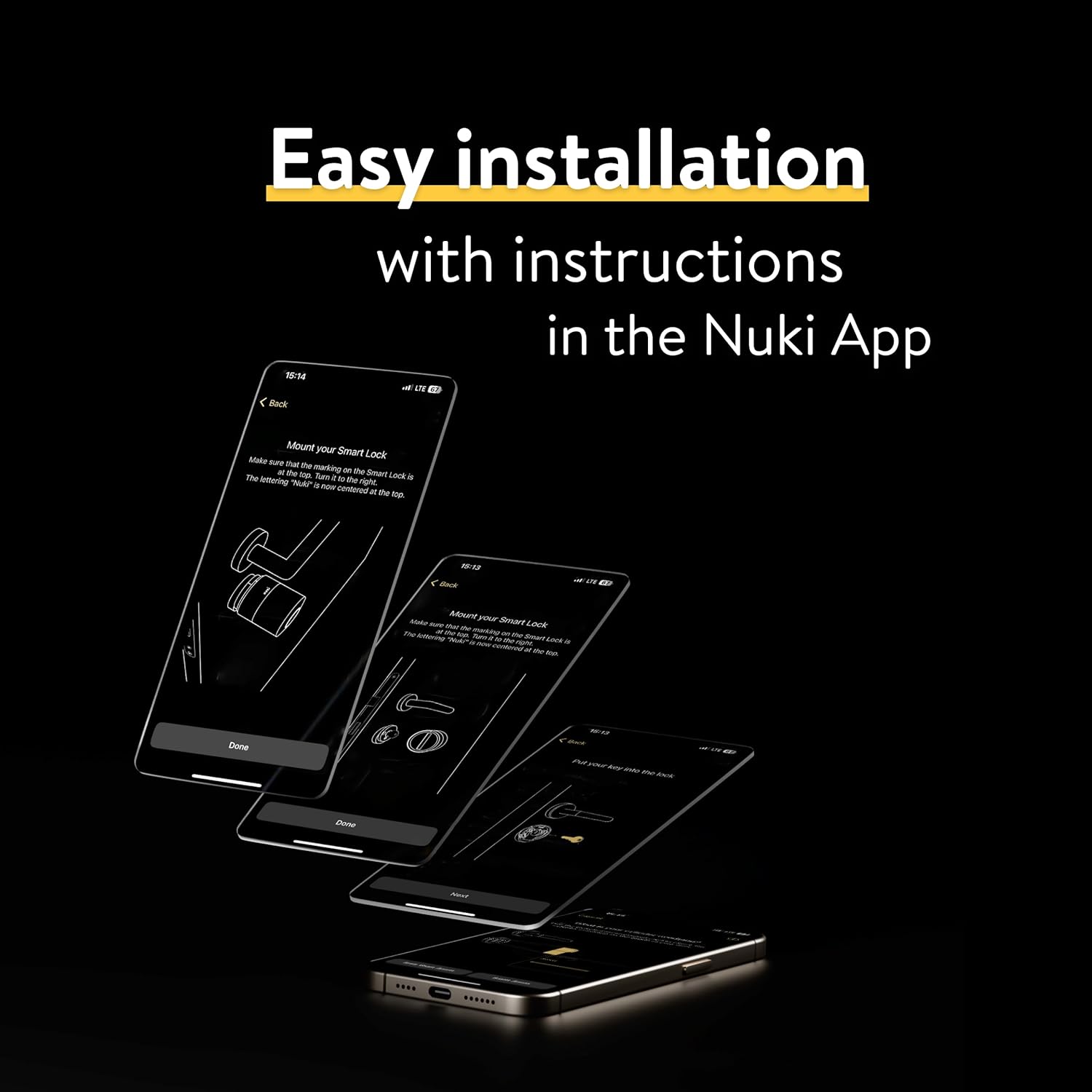 Nuki app installation screens showing how to mount the smart lock and insert the key