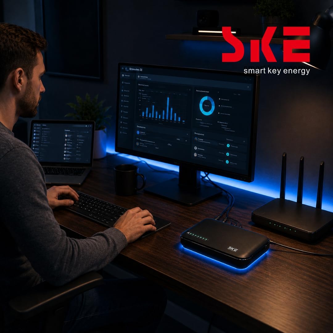 A man working at a home desk with a monitor, laptop and router, the SKE mini UPS keeping the network powered