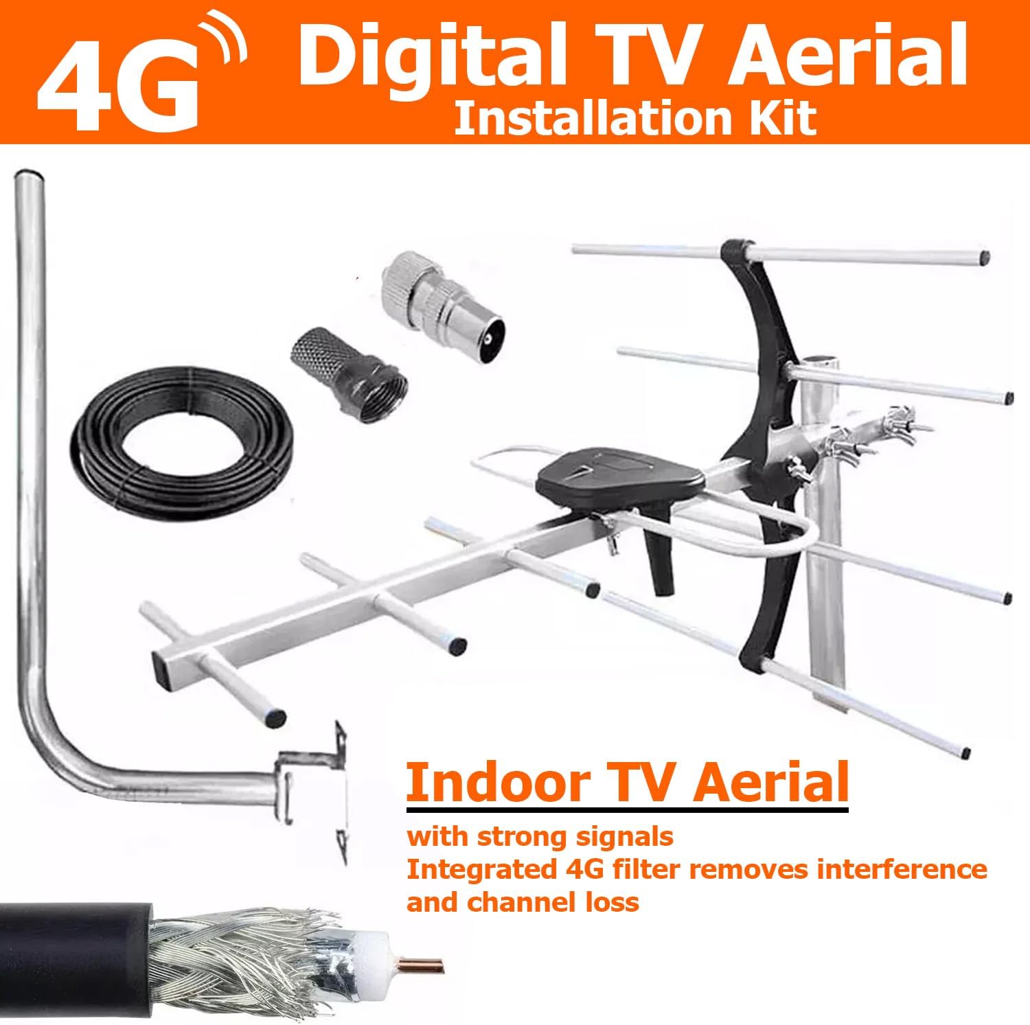 ATEK listing graphic promoting the integrated 4G filter that removes interference and channel loss, shown with the full installation kit