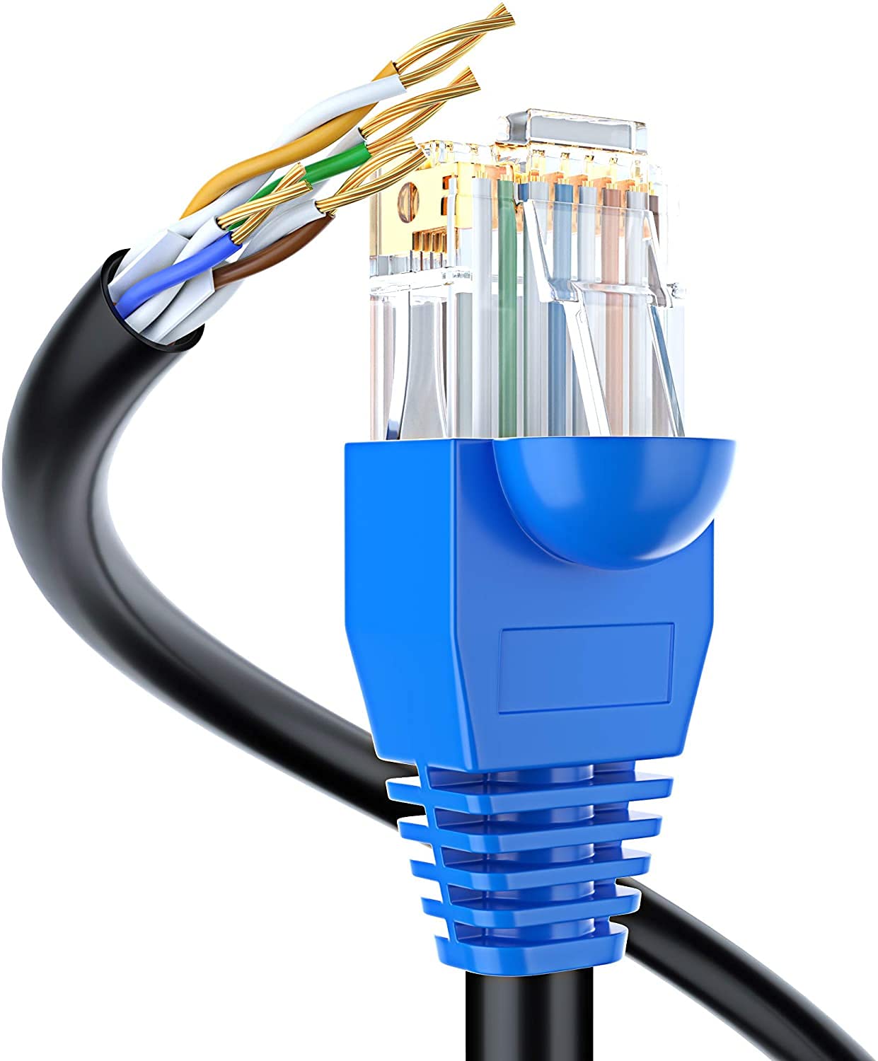 Cut-back outdoor Cat6 cable showing four unshielded twisted pairs beside a gold-plated RJ45 plug with a blue boot