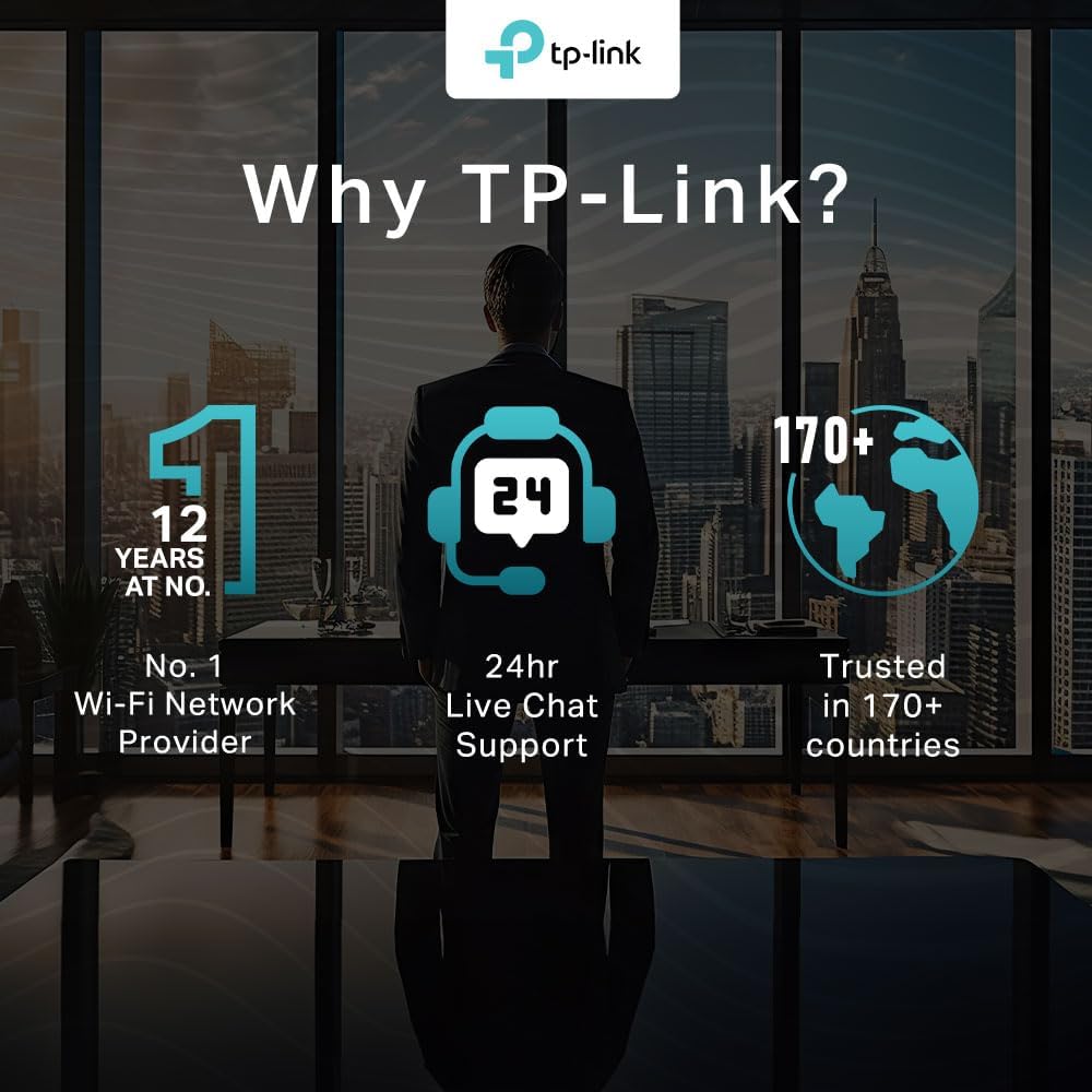 TP-Link 'Why TP-Link' graphic highlighting 24-hour live chat support and use in more than 170 countries