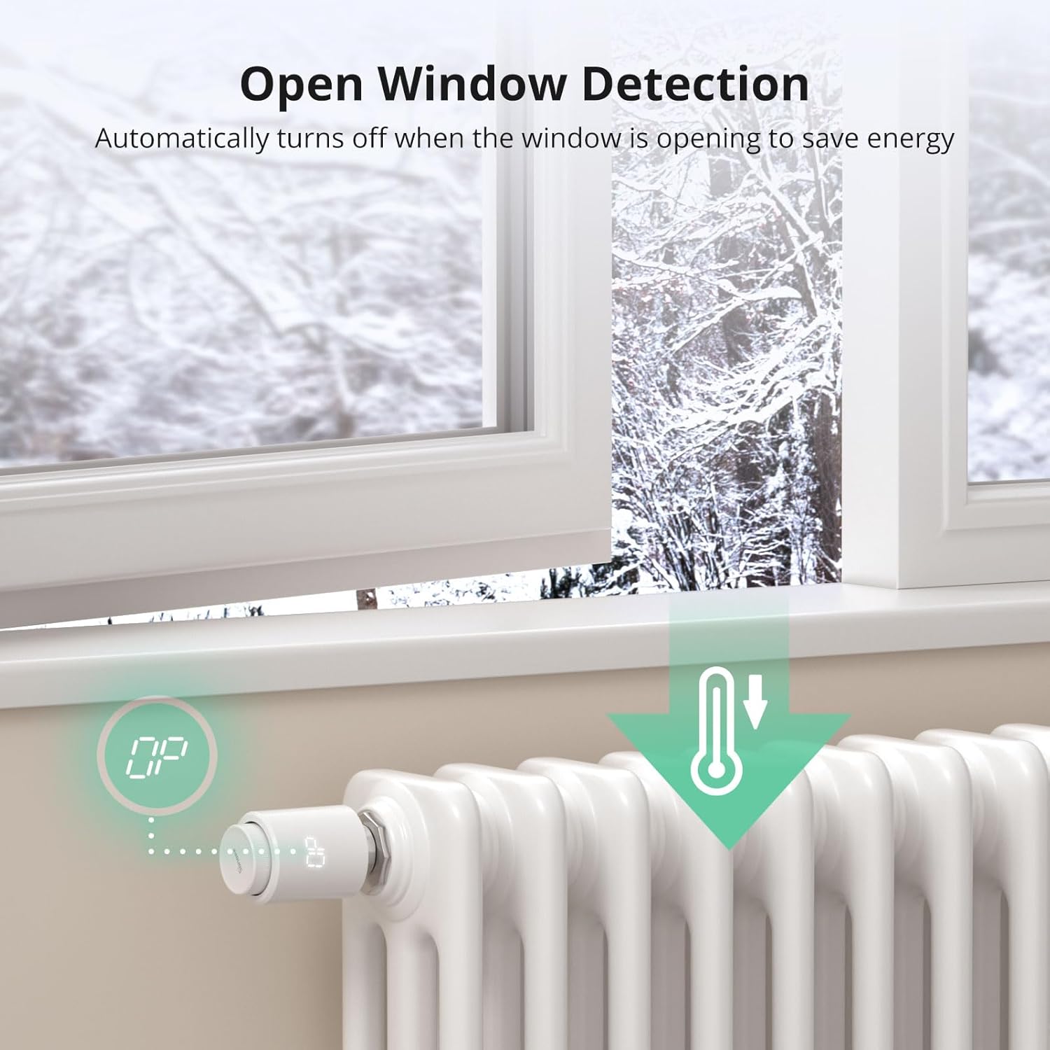 SONOFF open window detection graphic showing the valve displaying OP beside a snowy open window