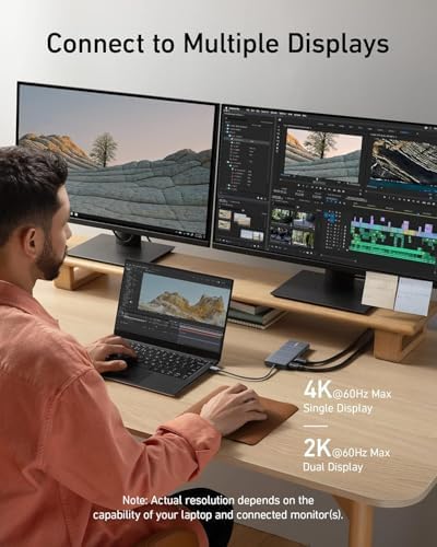 Anker dock connected to two external monitors on a desk, captioned 4K at 60Hz maximum on a single display and 2K at 60Hz maximum on dual display