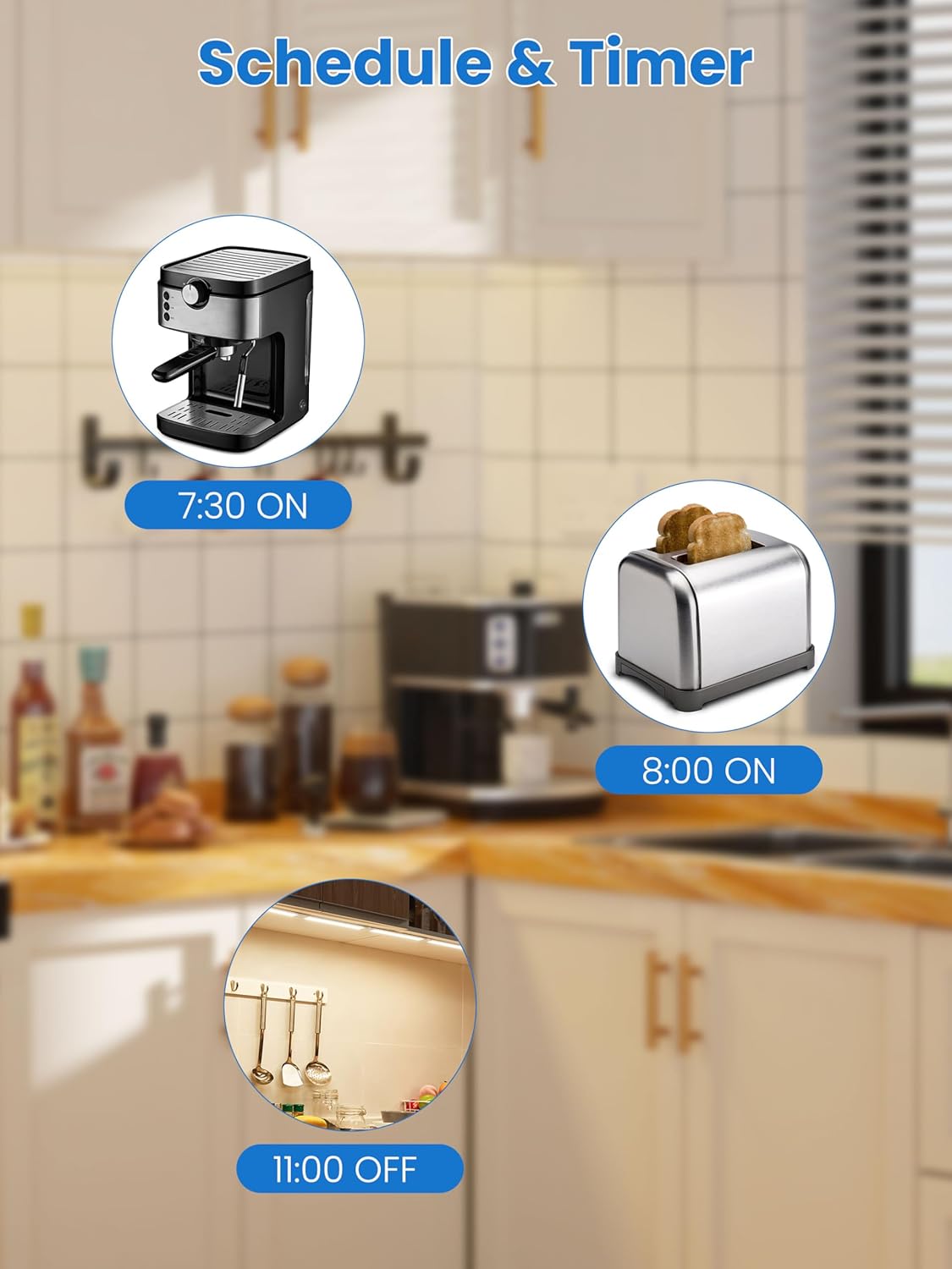 Schedule and Timer panel showing a coffee machine on at 7:30, toaster at 8:00 and kitchen lights off at 11:00