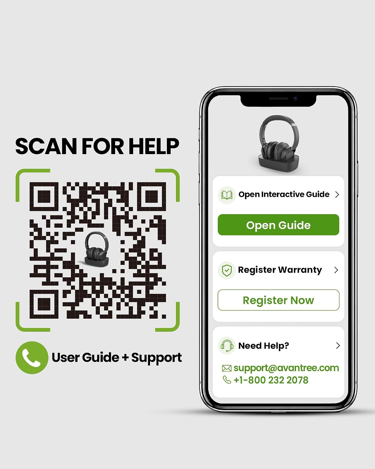 Avantree support graphic with a QR code linking to the user guide, warranty registration and customer support contacts