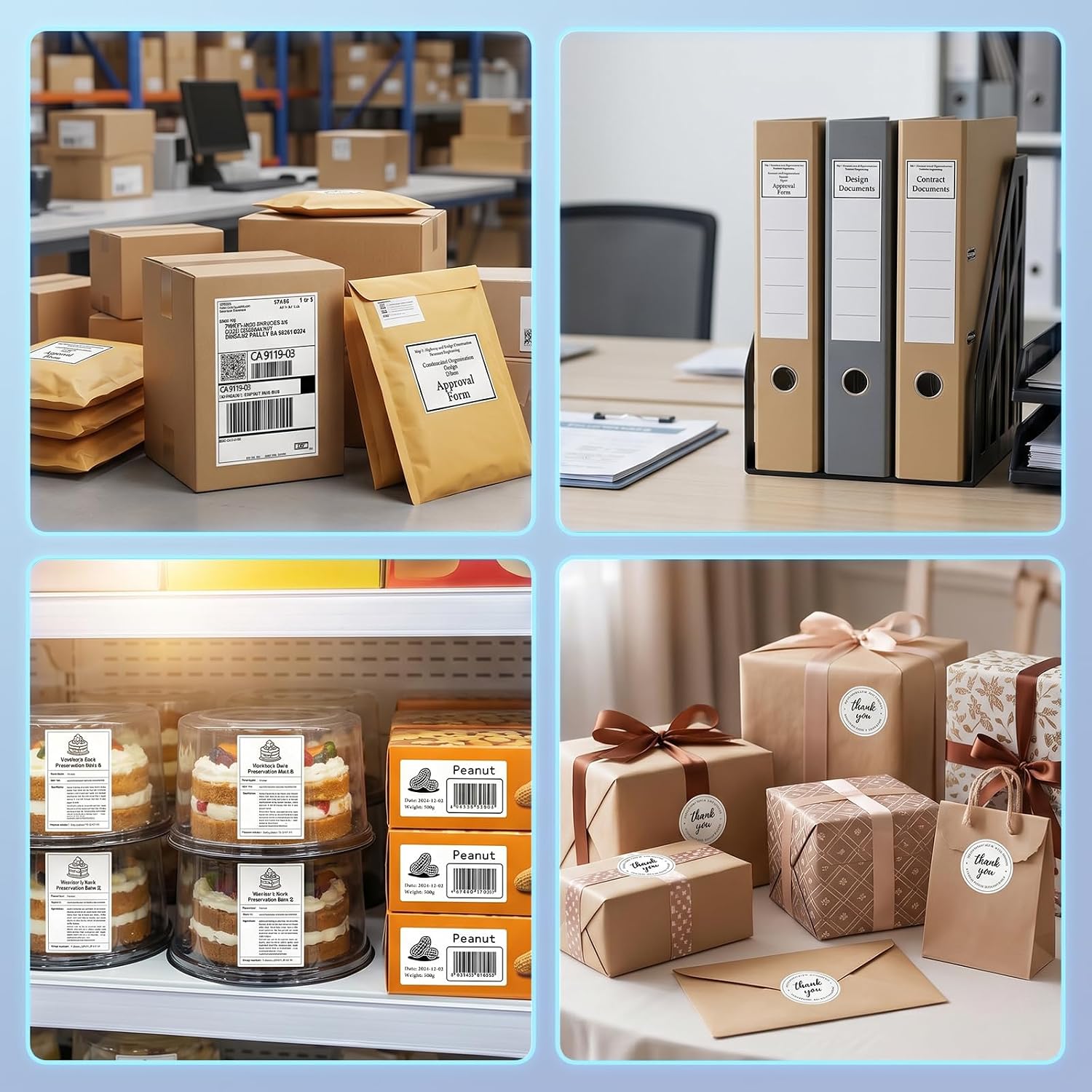 Parcels, envelopes and gift bags labelled with thermal printed shipping and thank you labels