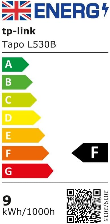 UK energy label for the tp-link Tapo L530B showing an F rating and 9 kWh per 1000 hours