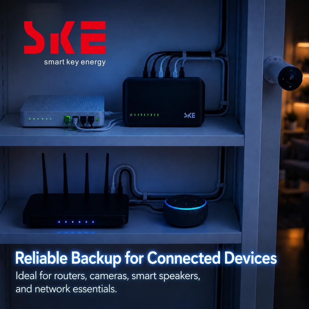SKE mini UPS in a network cabinet powering a fibre ONT, a WiFi router, a smart speaker and a CCTV camera