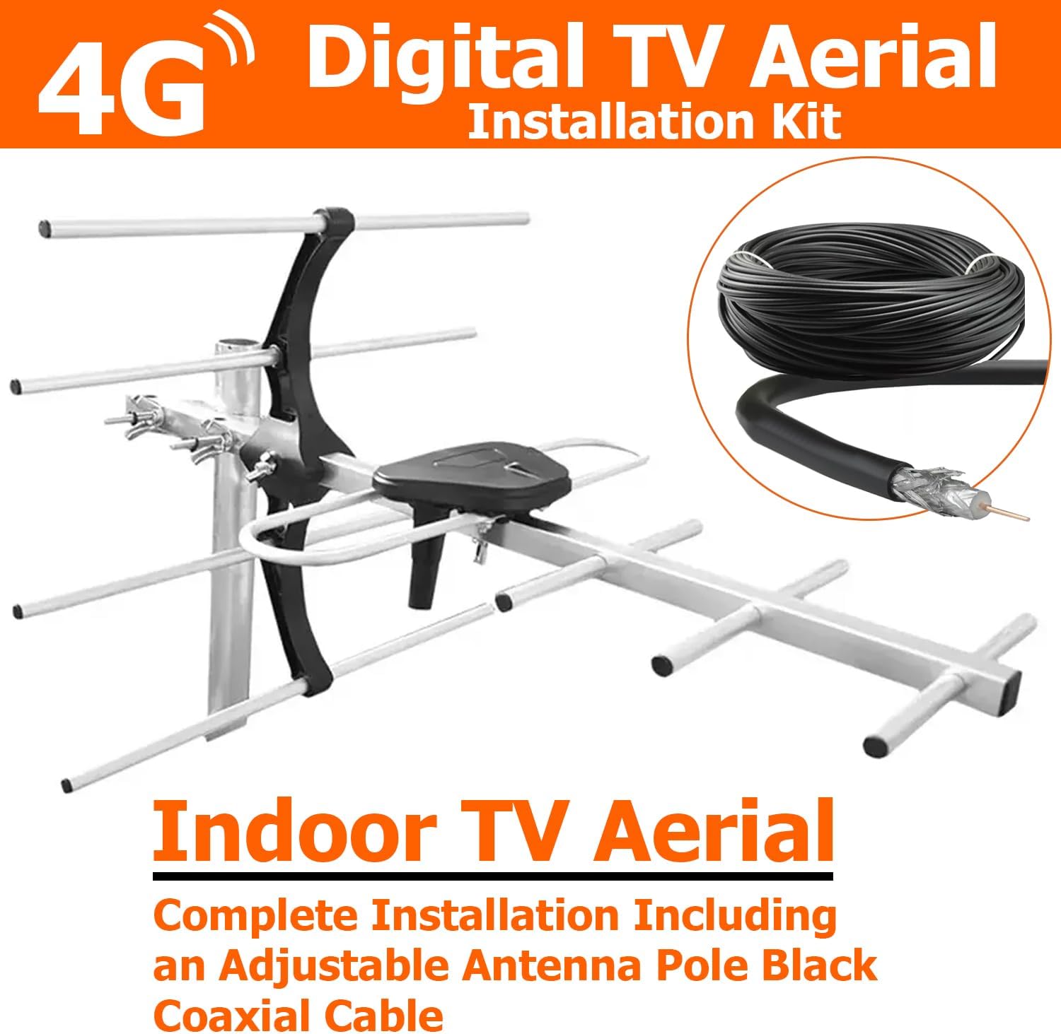 The ATEK aerial shown with its adjustable antenna pole and coiled black coaxial cable, the complete kit pitched for indoor and loft use