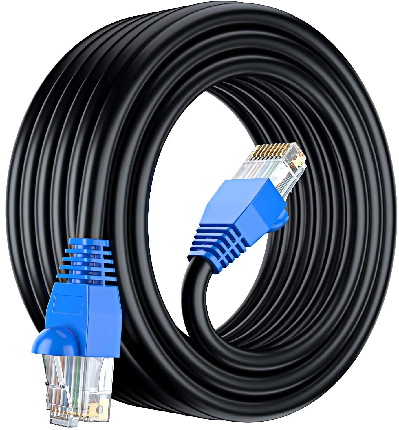 Coiled black outdoor Cat6 ethernet cable with moulded blue RJ45 plugs on both ends
