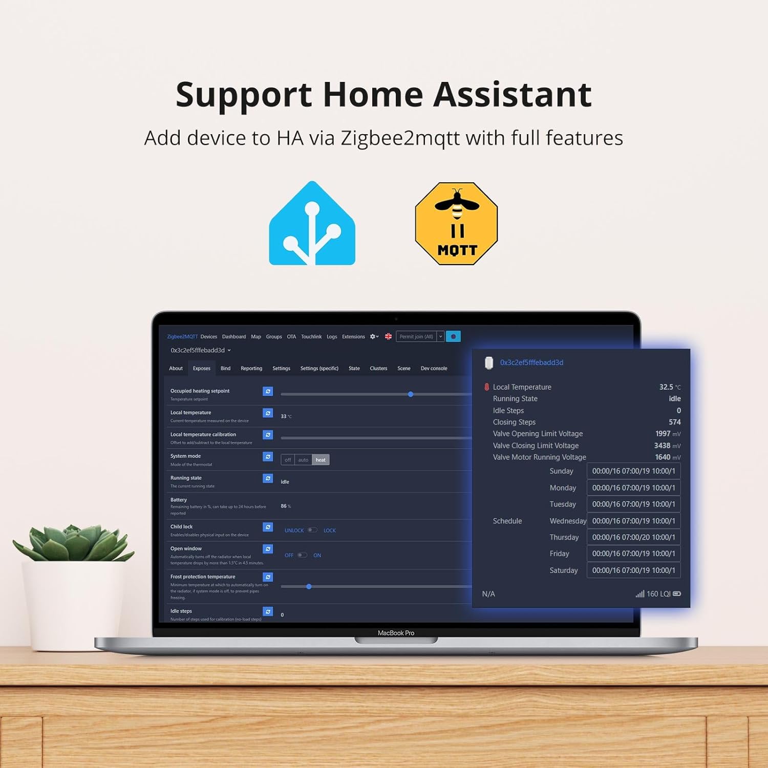 SONOFF listing image showing the TRVZB added to Home Assistant via Zigbee2MQTT with setpoint, battery, child lock and open window controls exposed