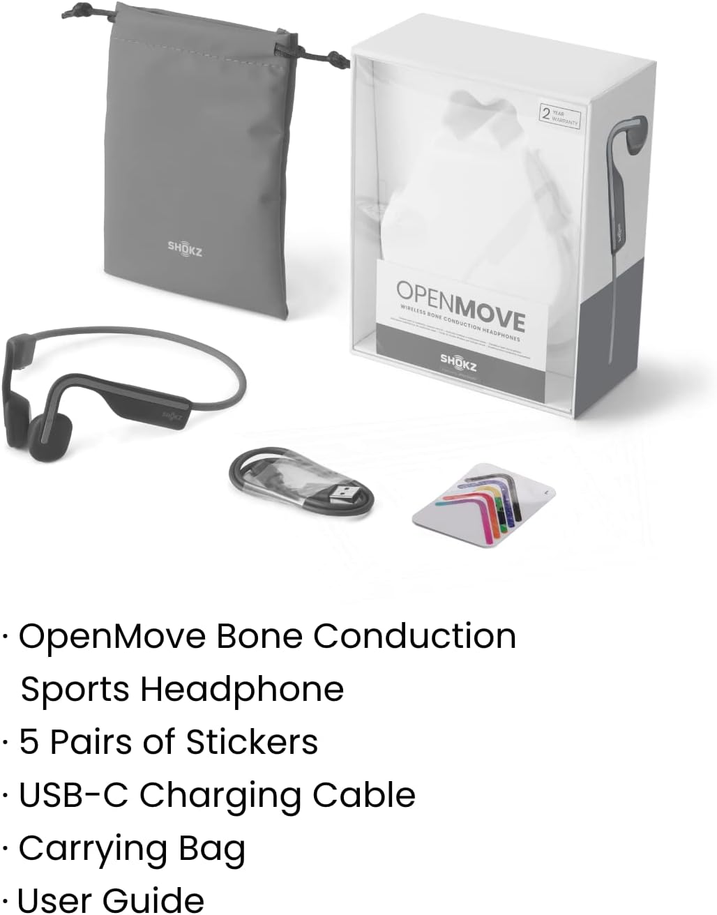 Shokz OpenMove box contents including the headphones, USB-C cable, carrying pouch and stickers, with a two-year warranty