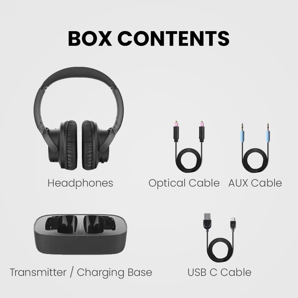 Avantree Ensemble box contents: headphones, optical cable, AUX cable, transmitter charging base and USB-C cable