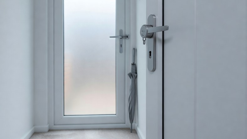 Retrofit smart lock fitted over the euro cylinder of a uPVC front door, letting carers into an elderly parent's UK home